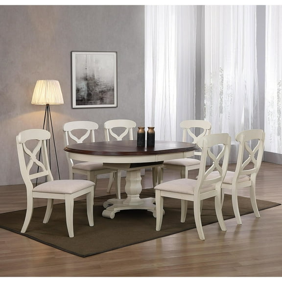Andrews 7Pc Round/Oval Extendable Dining Set Antique White/Chestnut Brown Wood