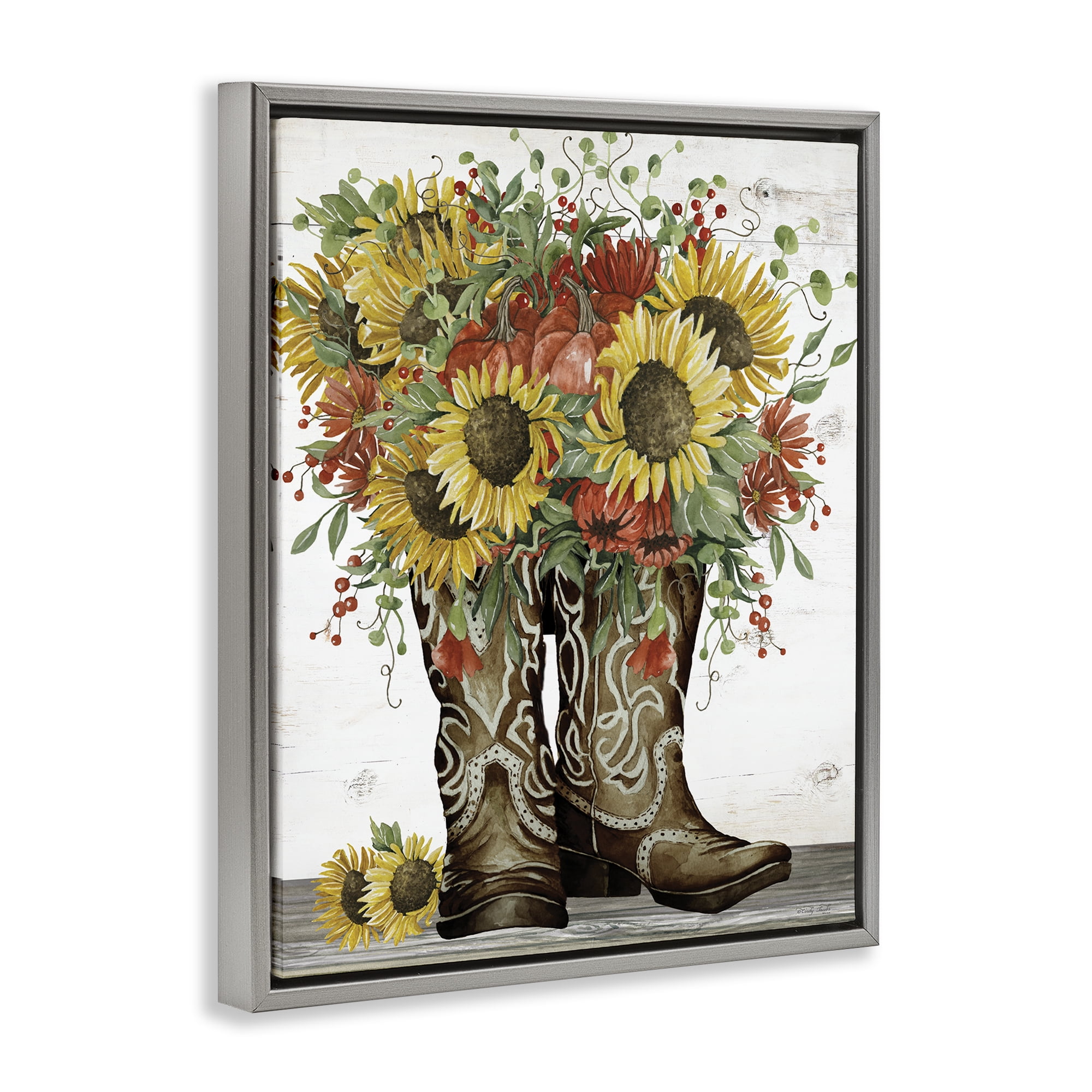 Stupell Industries Sunflowers in Western Boots Plants & Flowers Painting Gray Floater Framed Canvas Art Print Wall Art, 25 x 31
