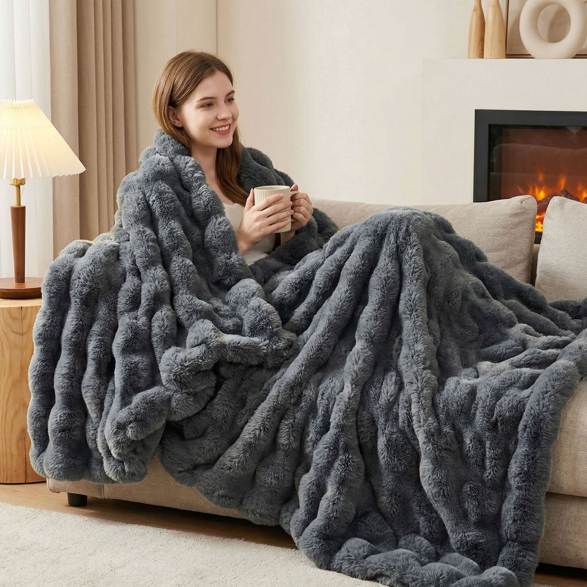 JONIYEAR Large Solid Thick Bubble Faux Rabbit Fur Bed Blanket Queen Size 80" x 90", Decorative Cute Cozy Fluffy Gray Warm Blanket for Winter, Reversible Big Luxe Fuzzy Comfy Shaggy Furry Blanket, Gre