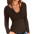 thumbnail image 1 of Womens Fall Clothes Long Sleeve Shirts Halter U Neck Ribbed Knit Slim Fitted Basic Casual Tops Brown L, 1 of 9