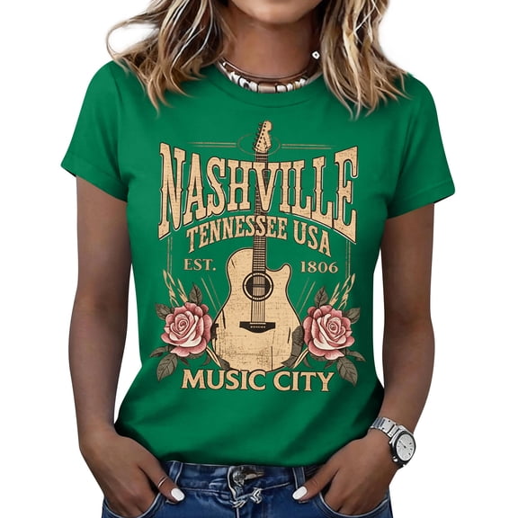 Womens Nashville Tennessee Music City Vintage Guitar Rose Print Crew Neck T Shirt Short Sleeve Casual Graphic Tee Fashion Summer Top For Country Music Festival Daily Street Outfits Green 2XL