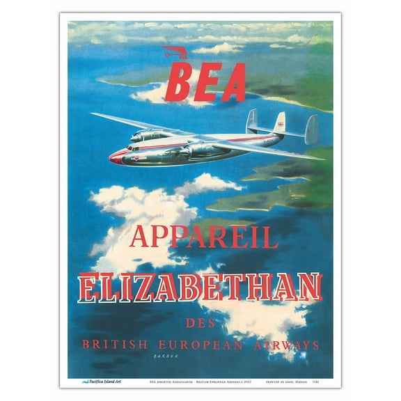 BEA Airspeed Ambassador - Elizabethan Class Service - British European Airways - Vintage Airline Travel Poster c.1952 - Master Art Print (Unframed) 9in x 12in