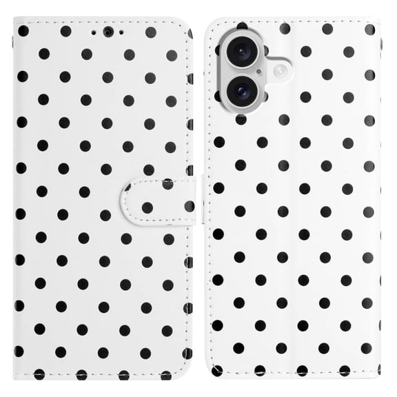 for iPhone 17 Wallet Case with Wrist Strap - Faux Leather Flip Folio Phone Case with Card Holder Slot Kickstand Cute Aesthetic Small Round Dot Design for Women Ladies, White