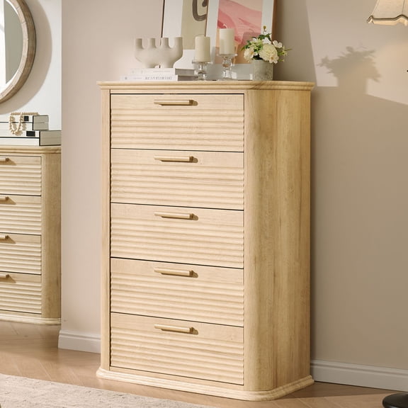 CQSXDA Modern 5 Drawers Dresser with Fluted Design in Wood, 45 Inch Tall for Bedroom and Living Room Storage Organizer, Oak