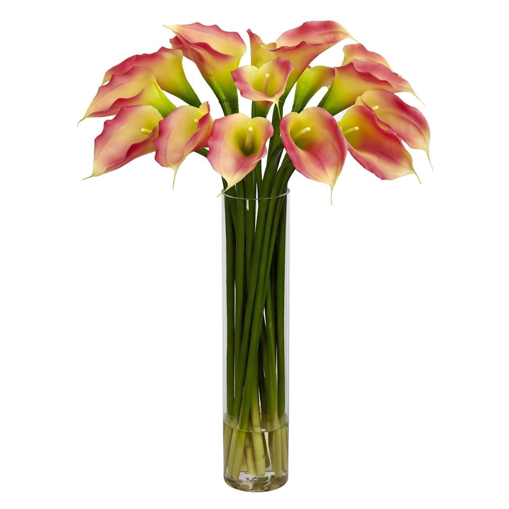 Nearly Natural Calla Lilly Silk Flower Arrangement with Cylinder Vase, Pink