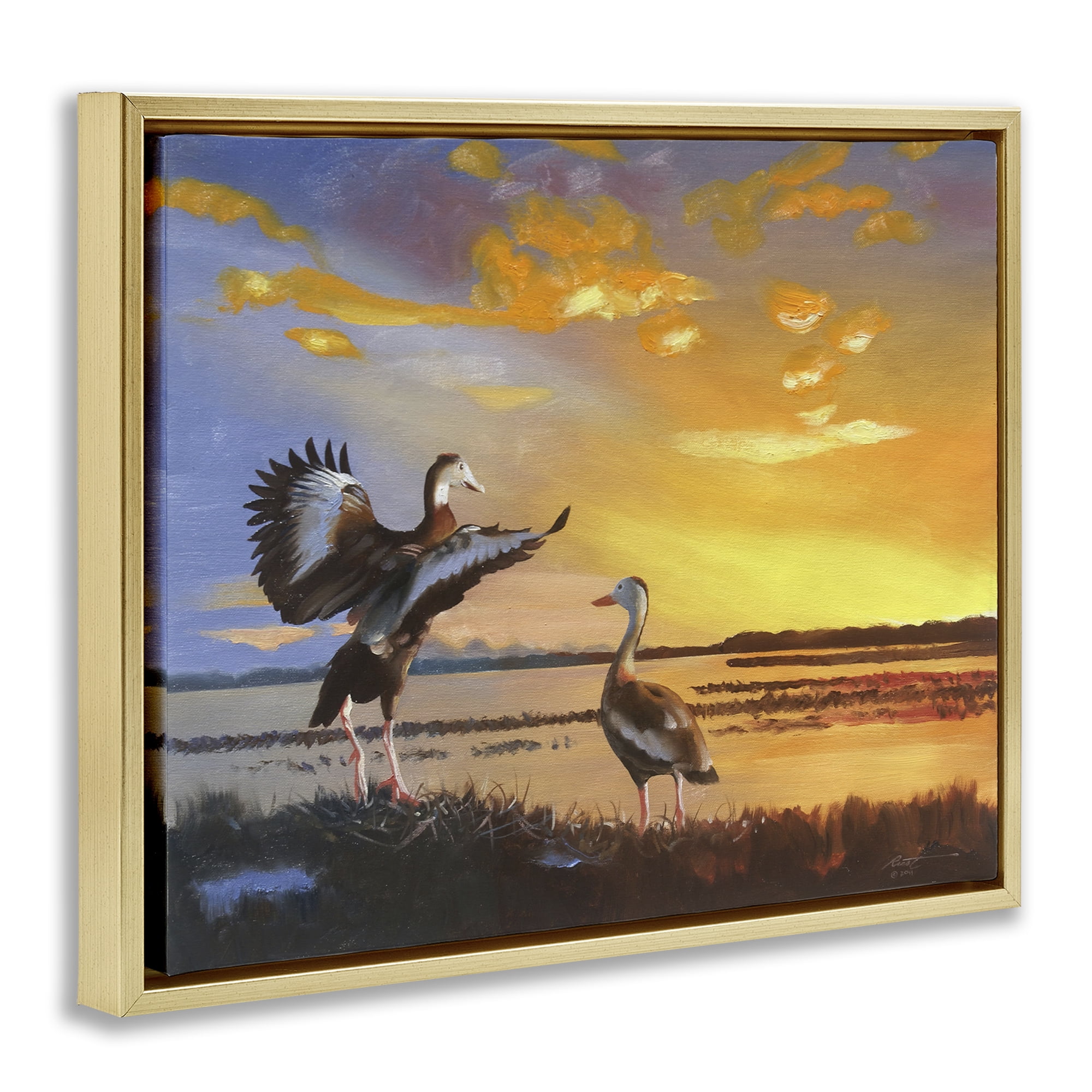 Stupell Industries Beach Birds at Sunset Animals & Insects Painting Gold Floater Framed Canvas Art Print Wall Art, 21 x 17