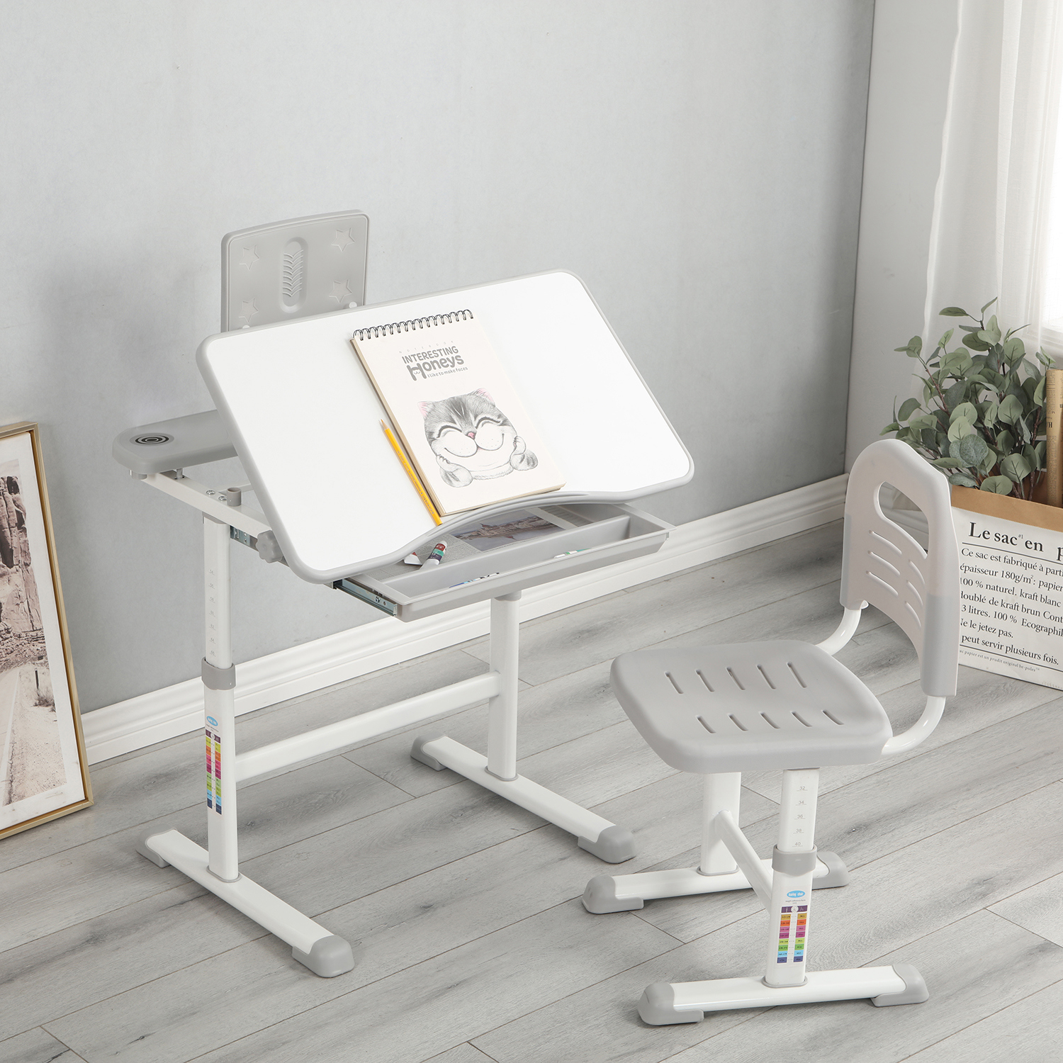 Kids Functional Desk and Chair Set,Height Adjustable Desk with Tilt Desktop,Bookstand,Pull-Out Storage Drawer(Gray) Kids Functional Desk and Chair Set,Height Adjustable Desk with Tilt Desktop,Bookstand,Pull-Out Storage Drawer(Gray)