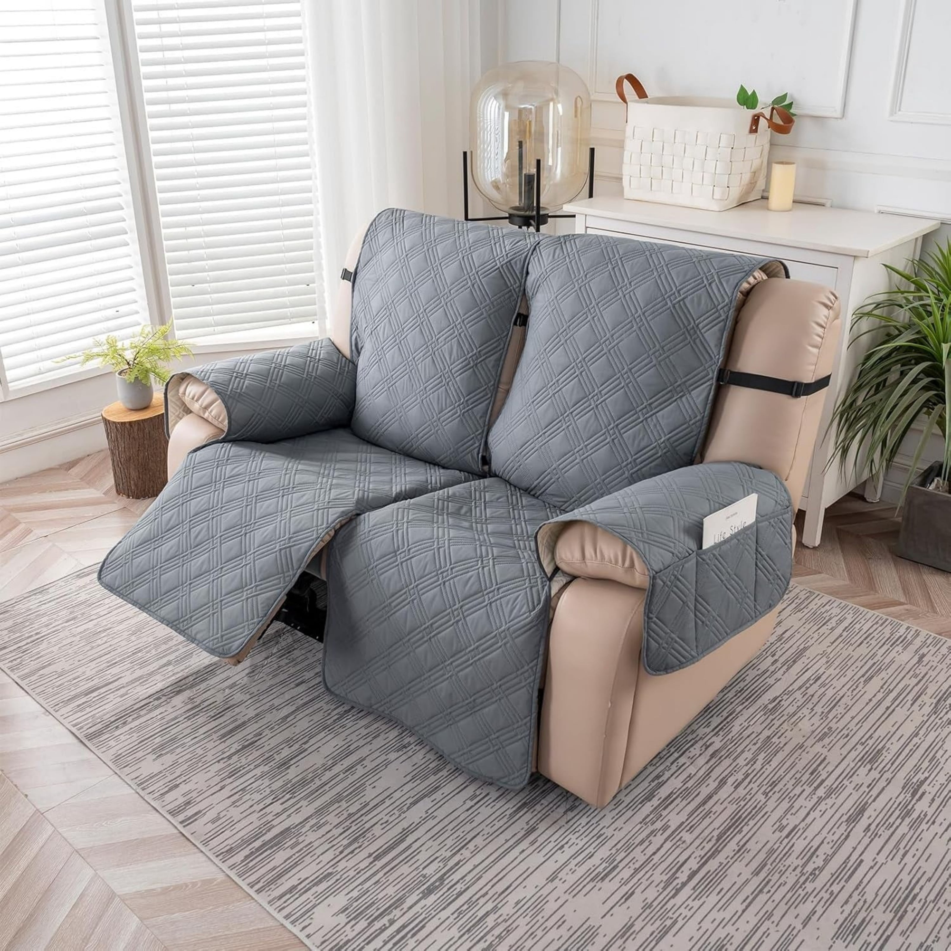 Lavish Cover 100% Waterproof Recliner Loveseat Cover, 2 Pieces Non-Slip Recliner Couch Slipcovers, Washable Furniture Protector with Pockets & Elastic Straps for Kids Pets, 2 Seaters, Light Gray