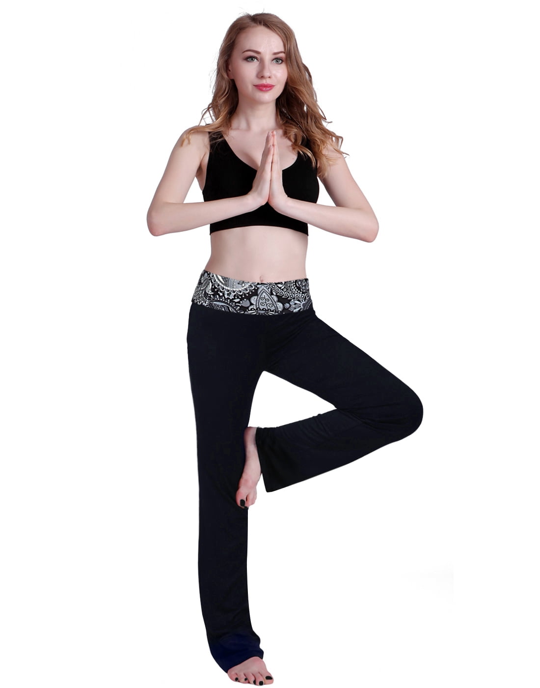 HDE Women's Color Block Fold Over Waist Yoga Pants Flare Leg Workout  Leggings Black Leopard / Black XL 