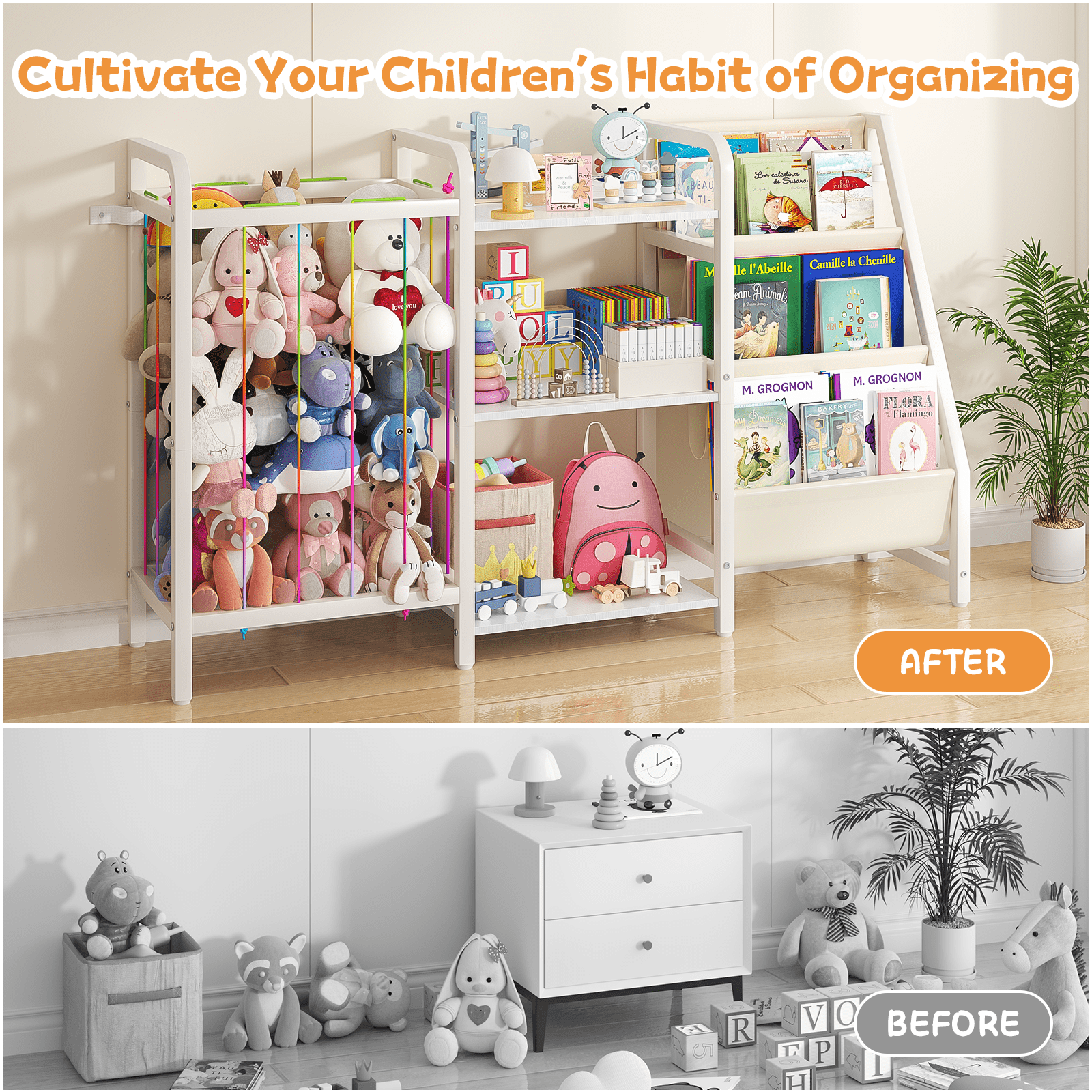 B1 Bookshelf and Toy Storage, 3-Tier Book Shelf for Rooms, Sling Baby Bookcase with Stuffed Animal Storage, Montessori Toddler Bookshelf for Nursery, Bedroom, Playroom Burlywood