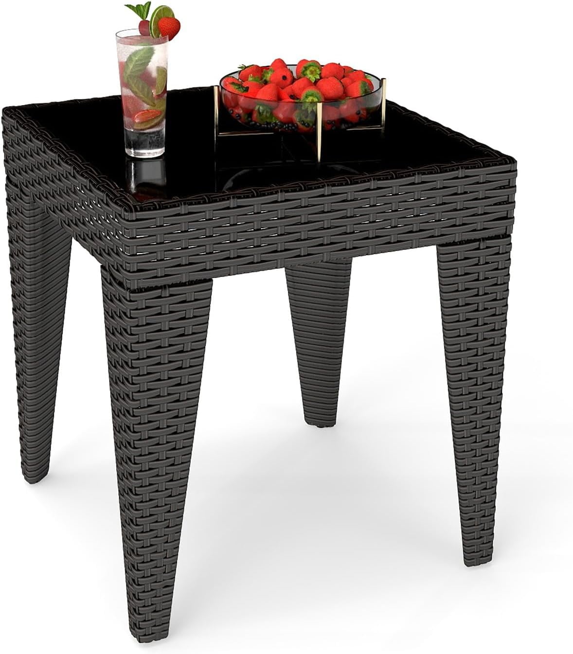 Kinbor Outdoor Furniture Patio Table Wicker Coffee Table, Square End Table Tempered Glass Top with Storage, Brown