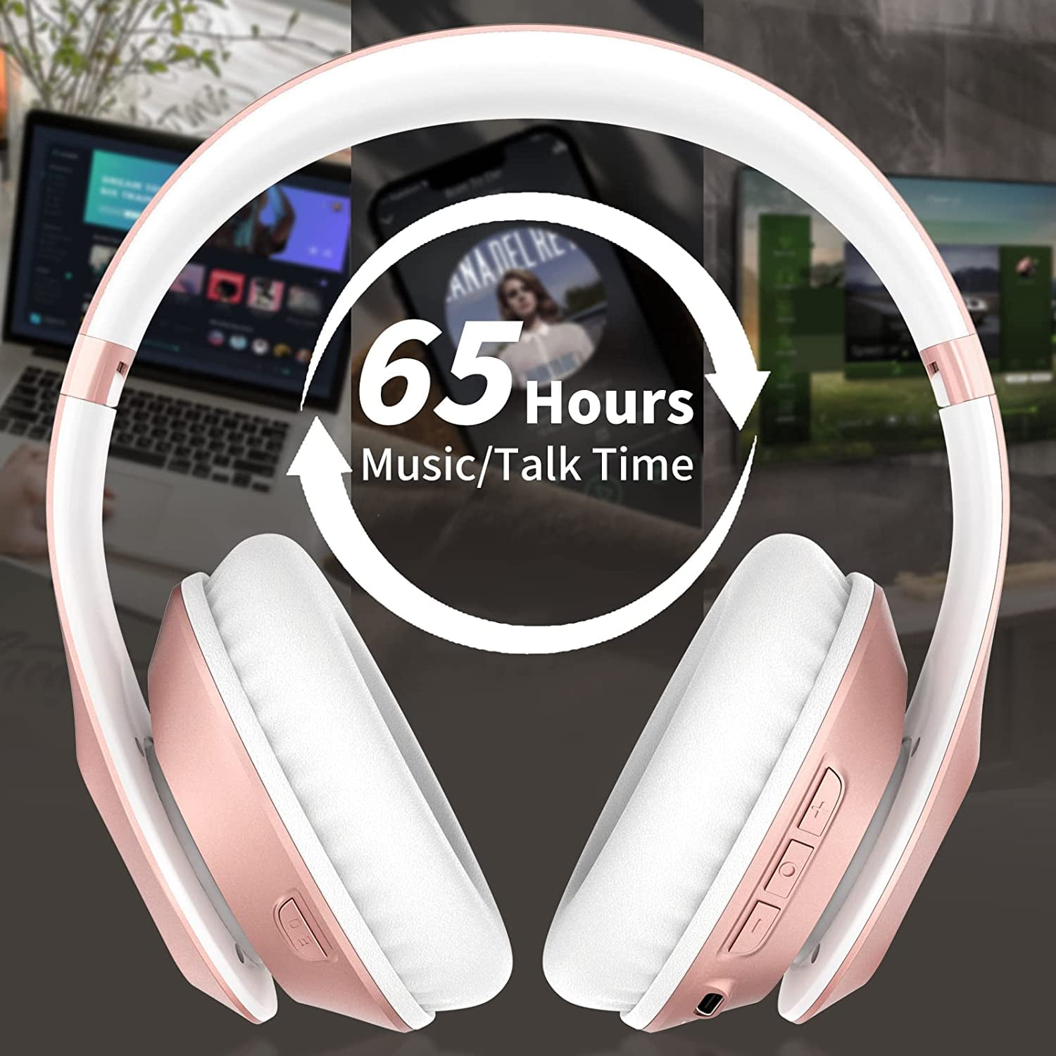 Wireless Over Ear 65H Playtime HiFi Stereo Headset with Microphone and 6EQ Modes Foldable Bluetooth V6.0 Headphones for Travel Smartphone Computer Laptop Rose Gold