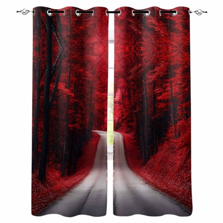Red Maple Forest Blackout Curtains for Bedroom Living Room Darkening Curtains 84 Inch Length 2 Panels Set Farmhouse Tree Falling Leaves Road Window Curtain Window Treatment Grommet Drapes 42"x84"