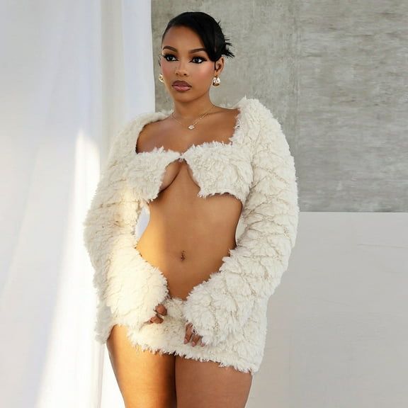 Faux Fur Cardigan & Skirt Set (S, Beige)