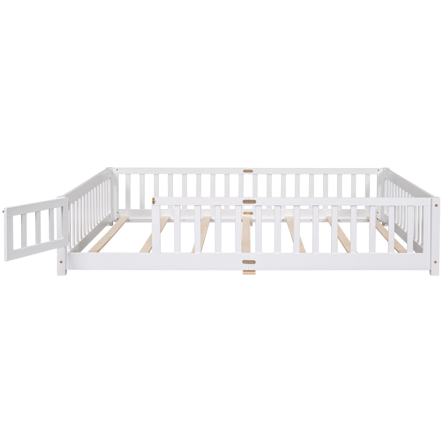 Queen Size Floor Bed with Fence for Kids, Wood Montessori Toddler Bed Frame with Door and Slats Support, Queen Size Platform for Girls and Boys, White
