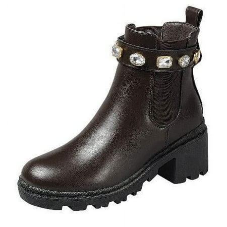 KK Pair of Kings Shoes - Women s Chunky Heel Lug Sole Fashion Ankle Boots  Formal Black Booties for Women (Brown-08  10)