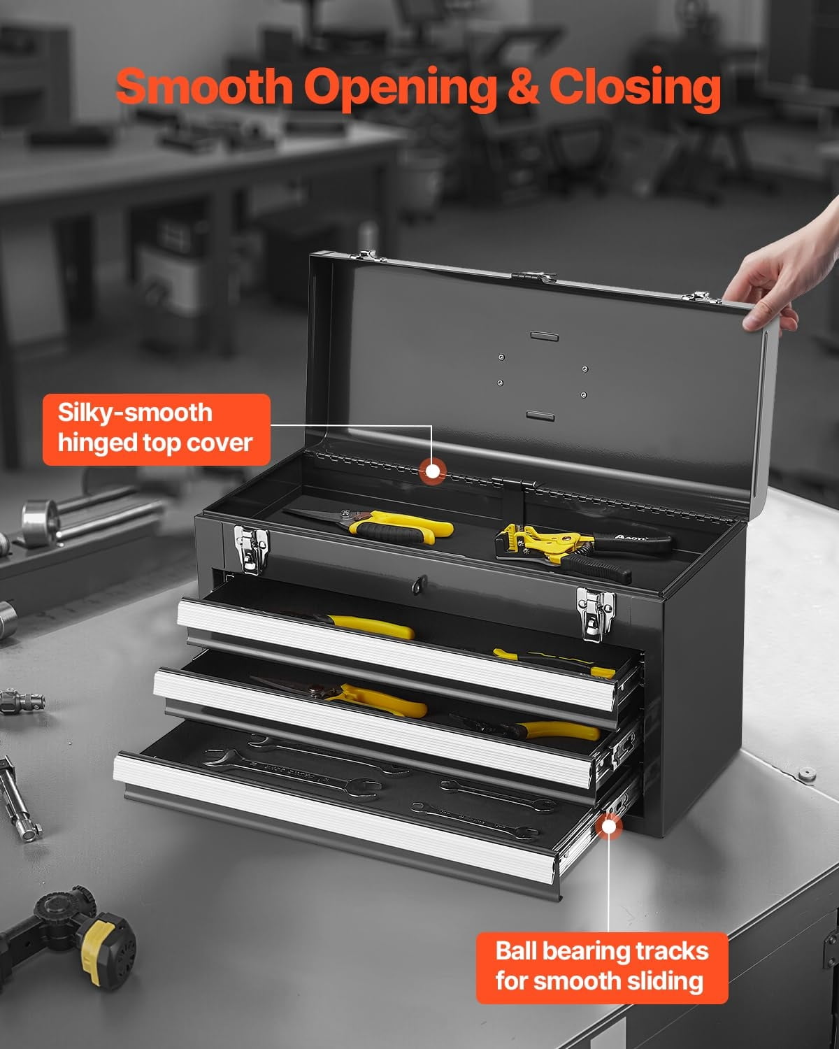 Metal Tool Box, 20.5-inch, Portable Metal Tool Box with 3 Drawers, Small Tool Chest with EVA Liners, Ball Bearing Slide Drawers Locking & Powder Coated Finish, Multi-Function Tool Organizer