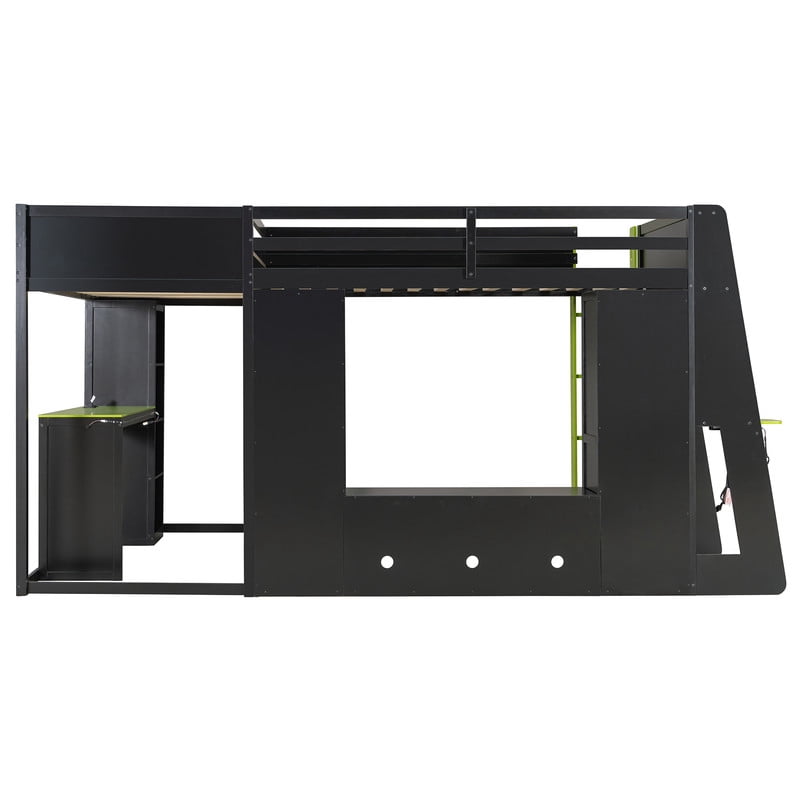 Twin Size L-Shaped Gaming Loft Bed with RGB LED Lights, Dual Twin Beds, USB Charging Ports & TV Stand, Wood Loft Bedframe Playhouse Bed with Storage Shelves & Reversible Layout