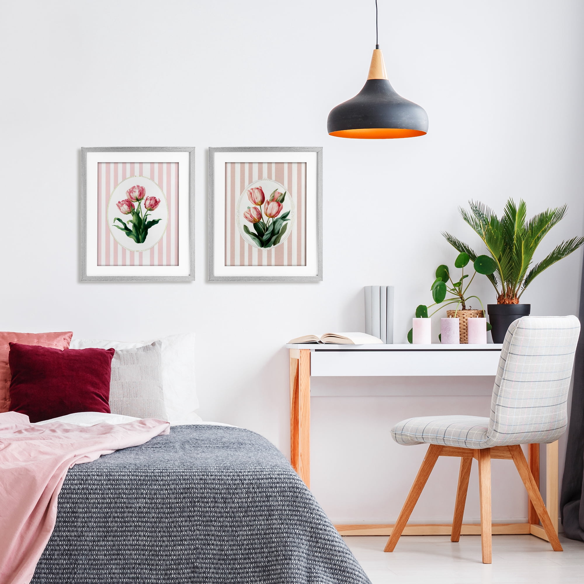 Stupell Industries Blush Tulips on Stripes 2 Piece Gray Framed Print Under Glass Set, design by Ink Drop Loft