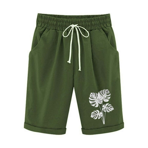 YUGYXL Womens Summer Print Bermuda Pants 2025 Elastic Waist Short Pants with Pockets Office Half Length Pants Army Green XXL