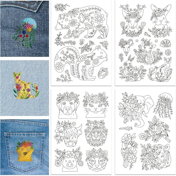 4 Sheets Flowers Animals Pattern Water Soluble Hand Sewing Stabilizers Stick and Stitch Embroidery Designs Paper for Fabric Embroidery Stitch Practice Embroidery Transfers