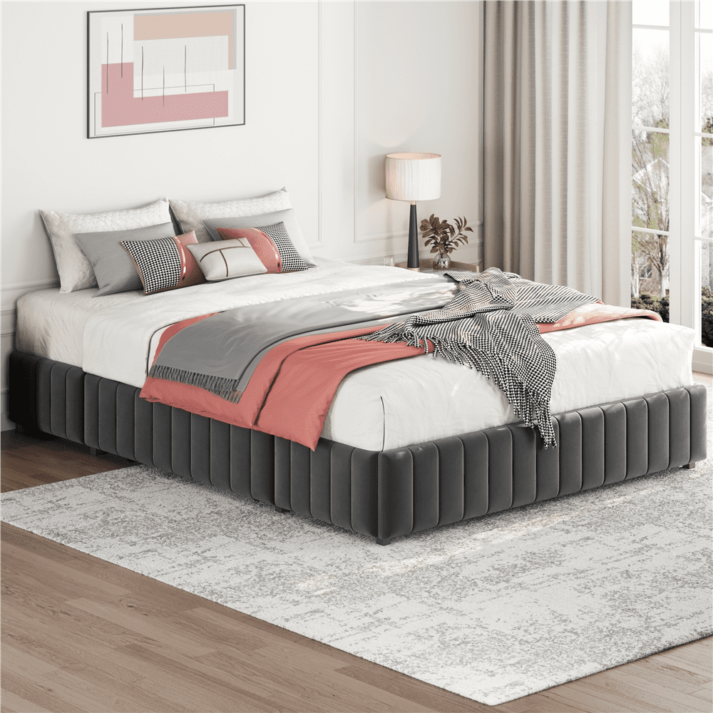Fullfurnique Upholstered Platform Bed Frame with Three Storage Drawers, Full, Dark Gray