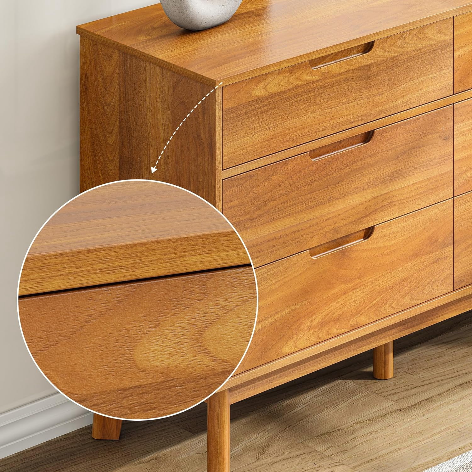 47" Wide 6 Drawer Dresser, Mid-Century Modern Double Dresser with Walnut Finish, Large Horizontal Chest of Drawers for Bedroom, Wood Storage Cabinet, Caramel
