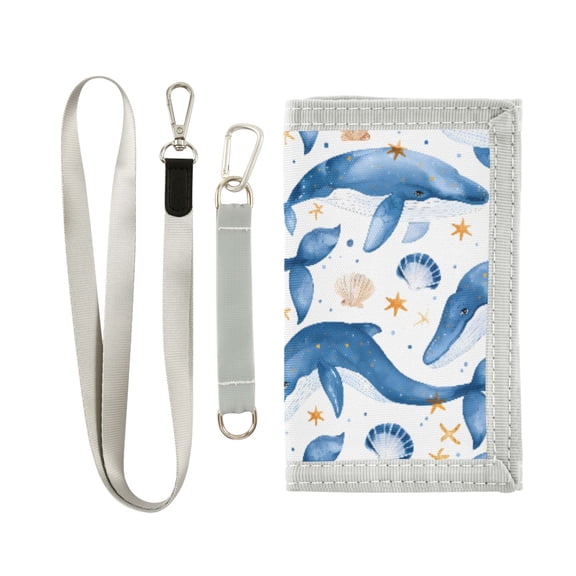 JIALIOU Nylon Trifold Card Wallet with ID Window Zipper Pocket for Men Women Teen Blue Whales Seashells Stars