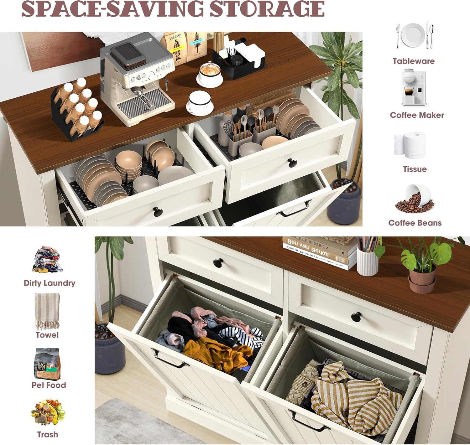 Haverchair Double Tilt Out Laundry Hamper Cabinet, Modern Farmhouse Trash Can Cabinet w/2 Drawers, Wooden 20 Gallon Hidden Garbage Cabinets with 2 Laundry Storage Baskets for Kitchen and Bathroom