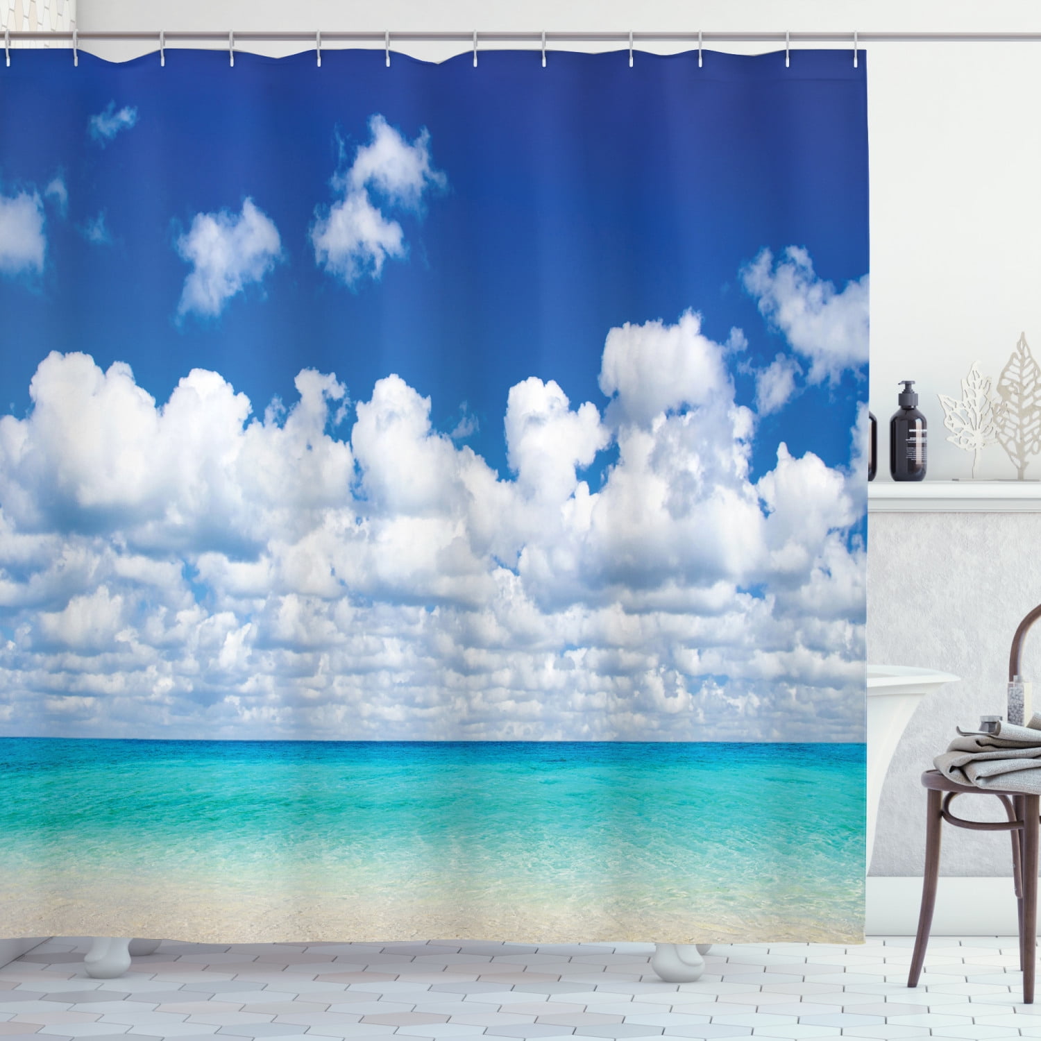 Ocean Shower Curtain, Paradise Beach and Tropical Hawaiian Exotic Sky