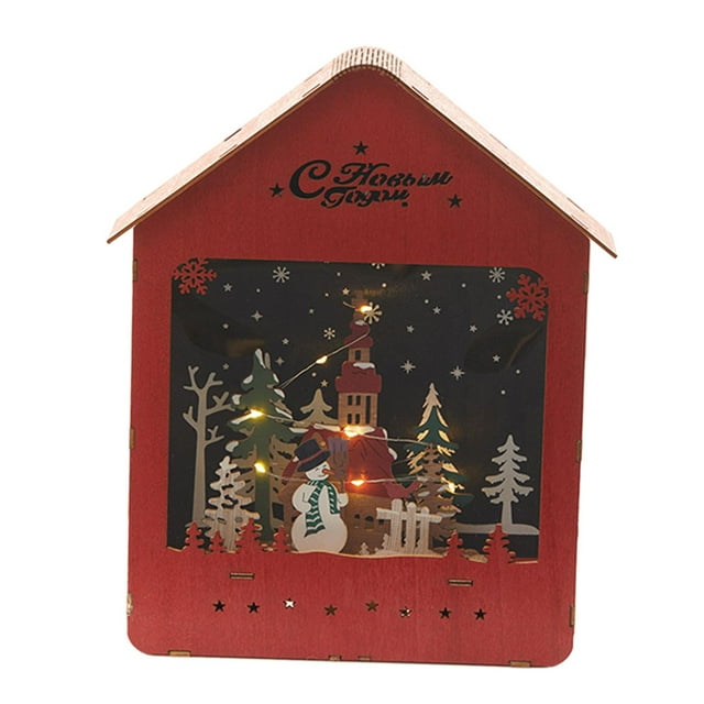 Figuras de casa de nieve navideñas, decoración con luz cálida, cabaña de troncos brillante para Rojo