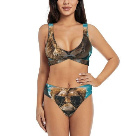 Zeuib Hawaiian Swimming Lion High Waisted Tummy Control Bikini Set - Knot Front Push Up Top & Cheeky Thong Bottom  Two-Piece Swimsuit for Women-X-Large