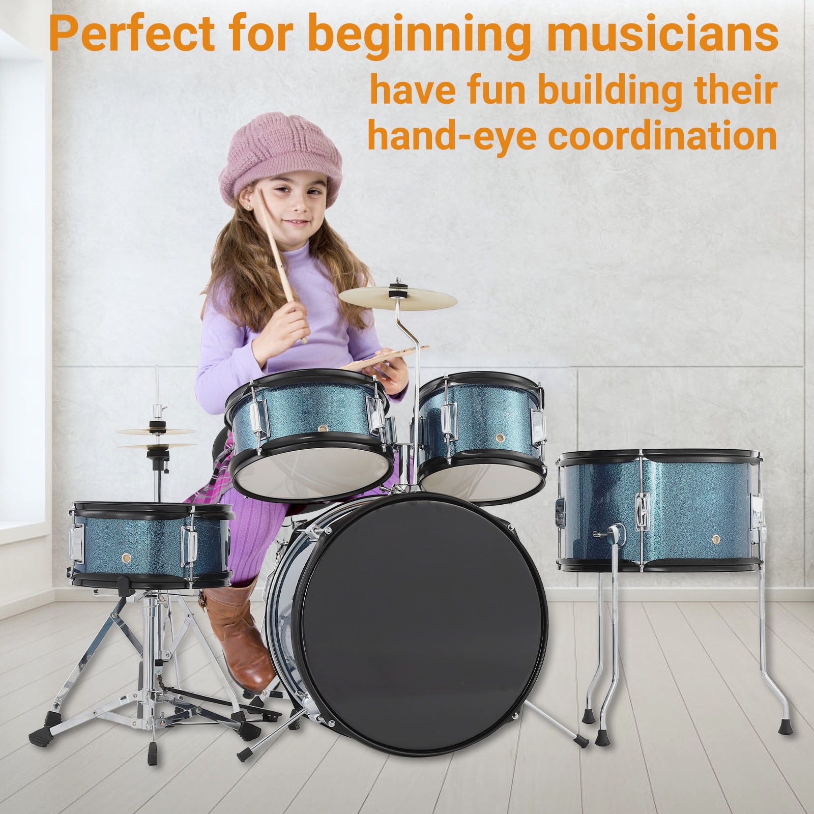M optimized 5 Piece Drum Set for Musical Instruments, AD-300 with Bass Drum, Tom-Tom, Snare, Cymbals, Hi-Tone Drum, Sticks, Base Pedal and Stool, Beginner Set