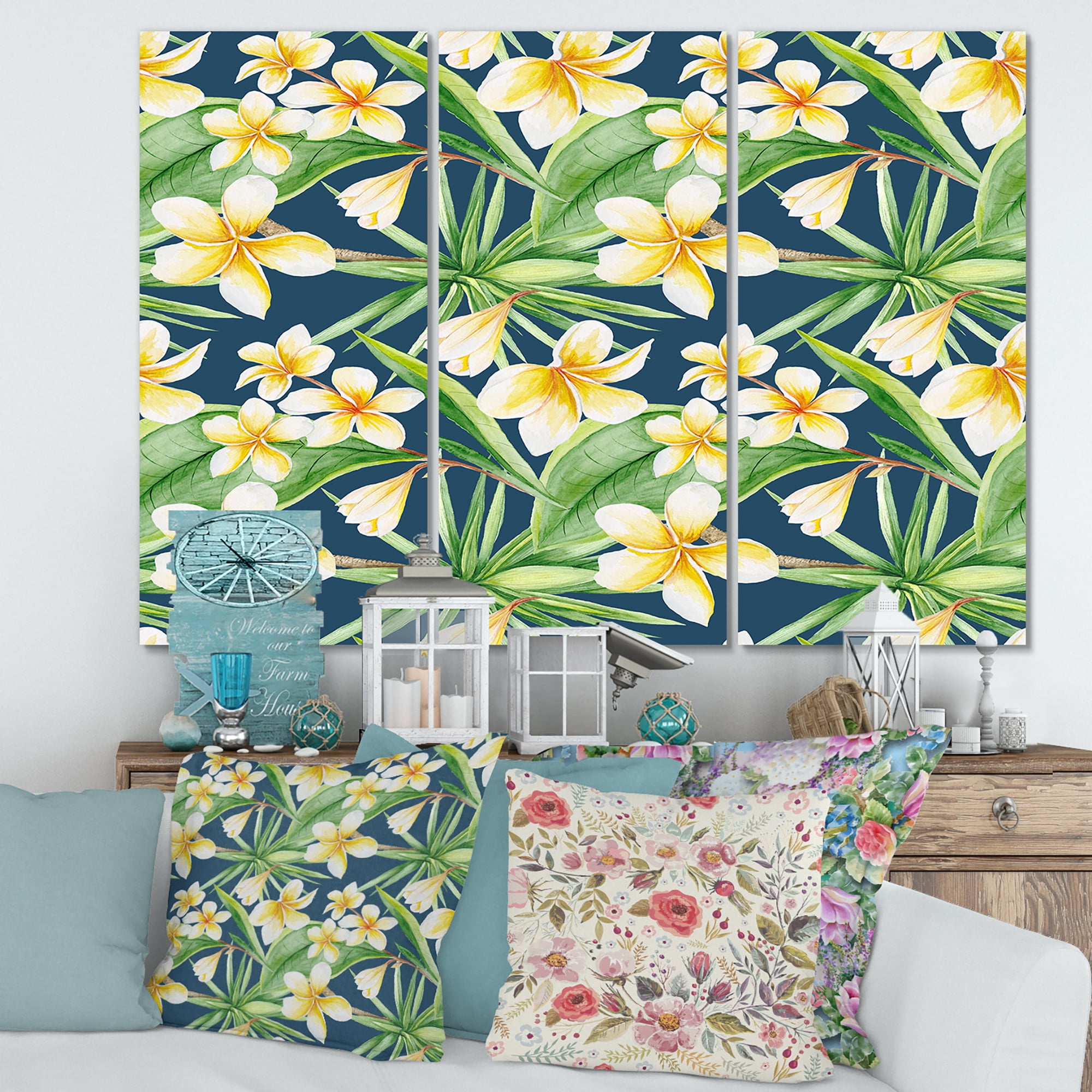 Designart ' Yellow Flowers and Tropical Foliage VIII ' Modern Canvas Wall Art Print