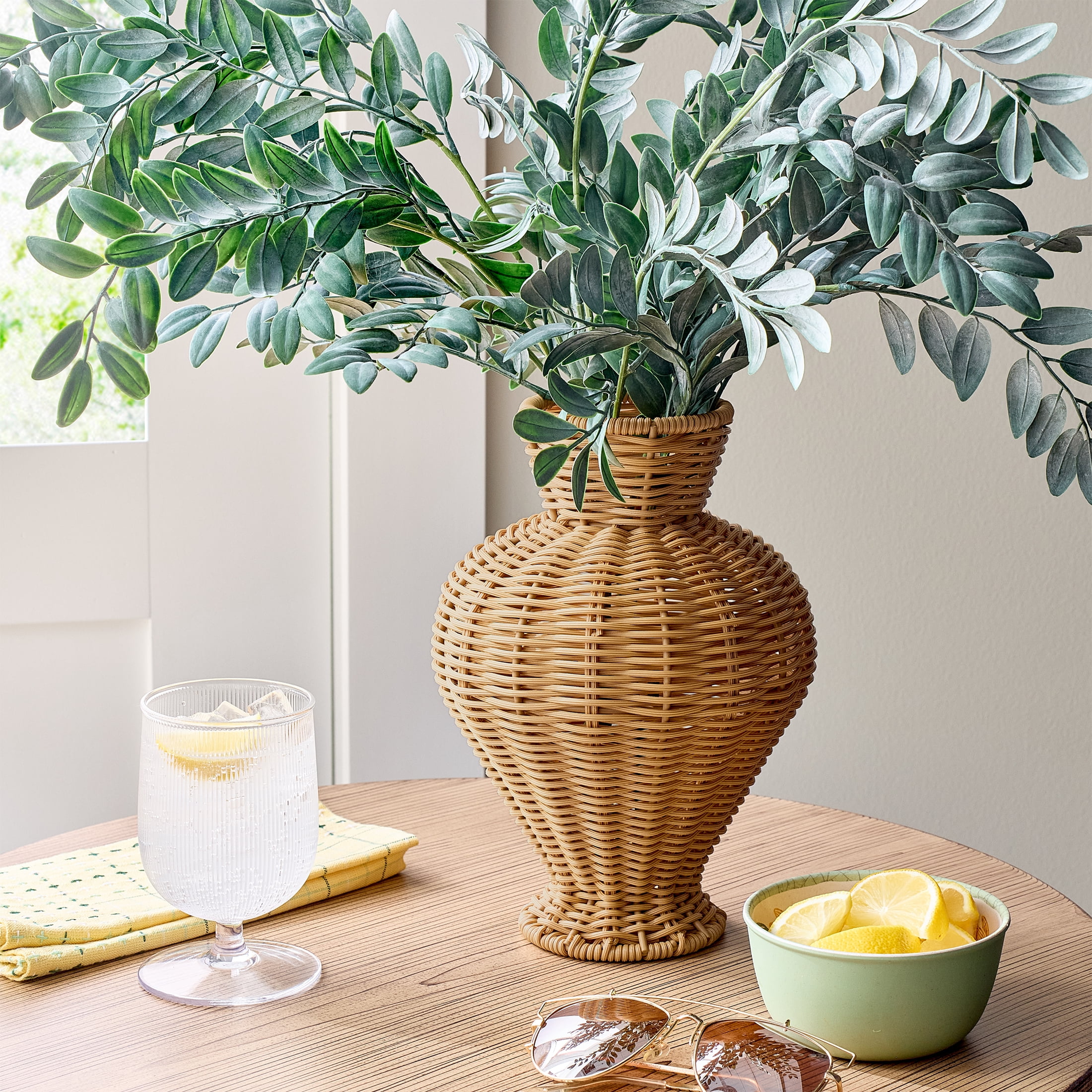 Better Homes & Gardens Indoor Vase, Woven Faux Rattan, 10 in, Light Brown