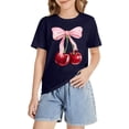 thumbnail image 4 of CPNG Girls Summer T-shirt Bow Cherry Print Loose Casual Stylish Crewneck Short Sleeve Cool Sports Top(Dark Blue,8-9 Years), 4 of 8