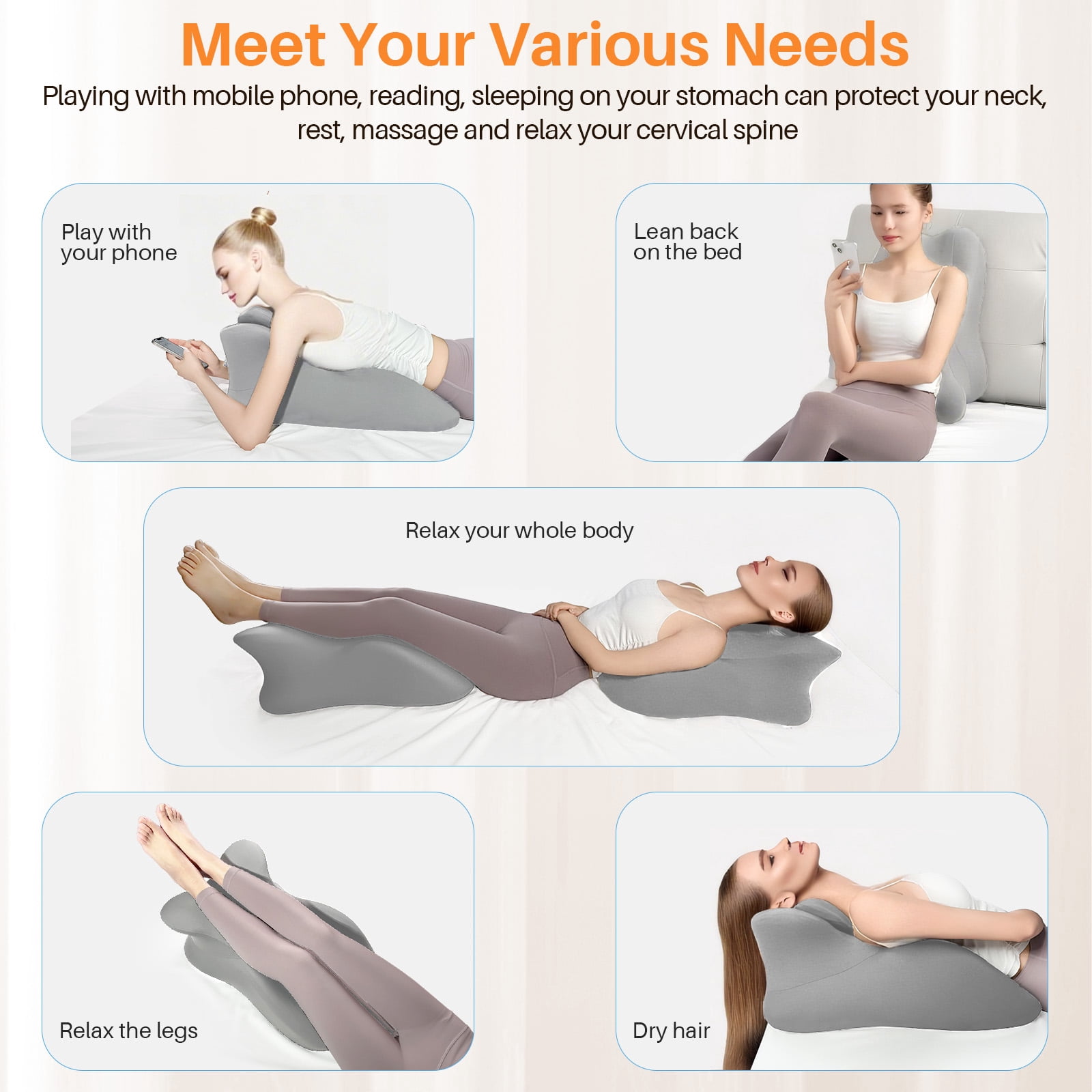 Eurhowing Ergonomic Memory Foam Wedge Pillow for Adults, Back Neck Shoulder Pain Relief, Adjustable Headboard Support for Sleeping, Reading, Reclining Bed Pillow, Gray