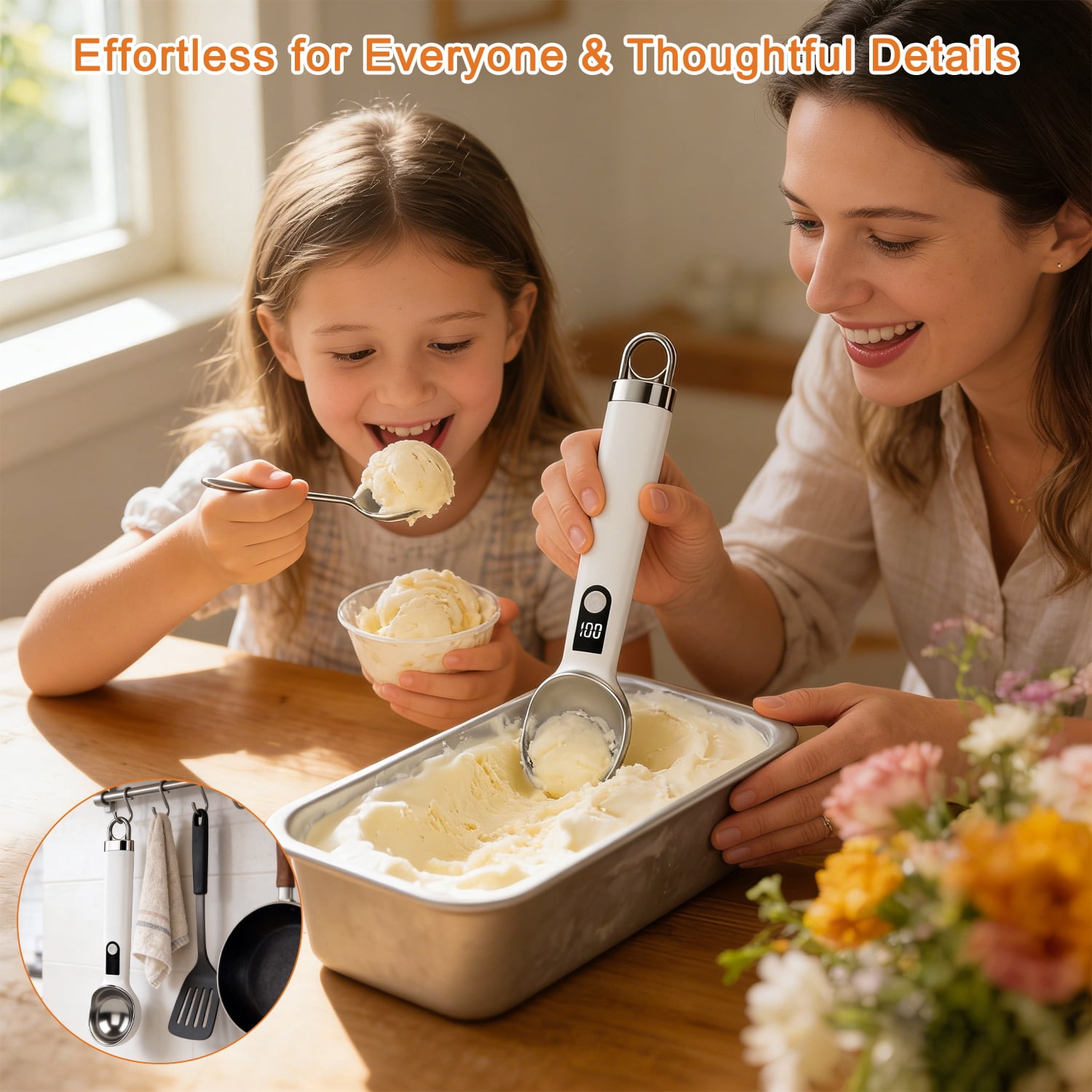 Heated Ice Cream Scoop with Switch, Electric Rechargeable Ice Cream Scooper with LED Display & Detachable Battery, Heats to 158°F in 60s
