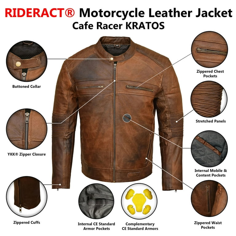 RIDERACT Men s Leather Motorcycle Jacket Cafe Racer KRATOS Motorbike Riding Jacket Protective Gear Armored Jacket Walmart