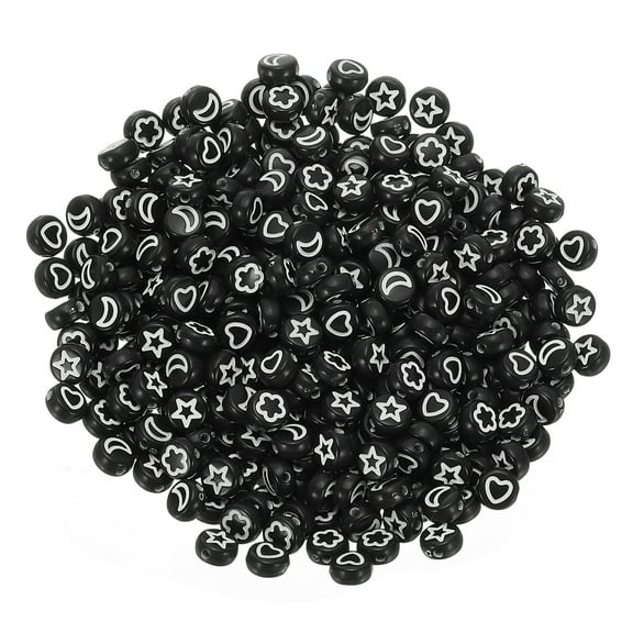 Uxcell 500 Pcs Black Acrylic Star Moon Heart Flower Beads, 7x4mm Flat Round Disc Coin Pony Beads with Pure White Pattern for Jewelry Making DIY Friendship Bracelets Necklace