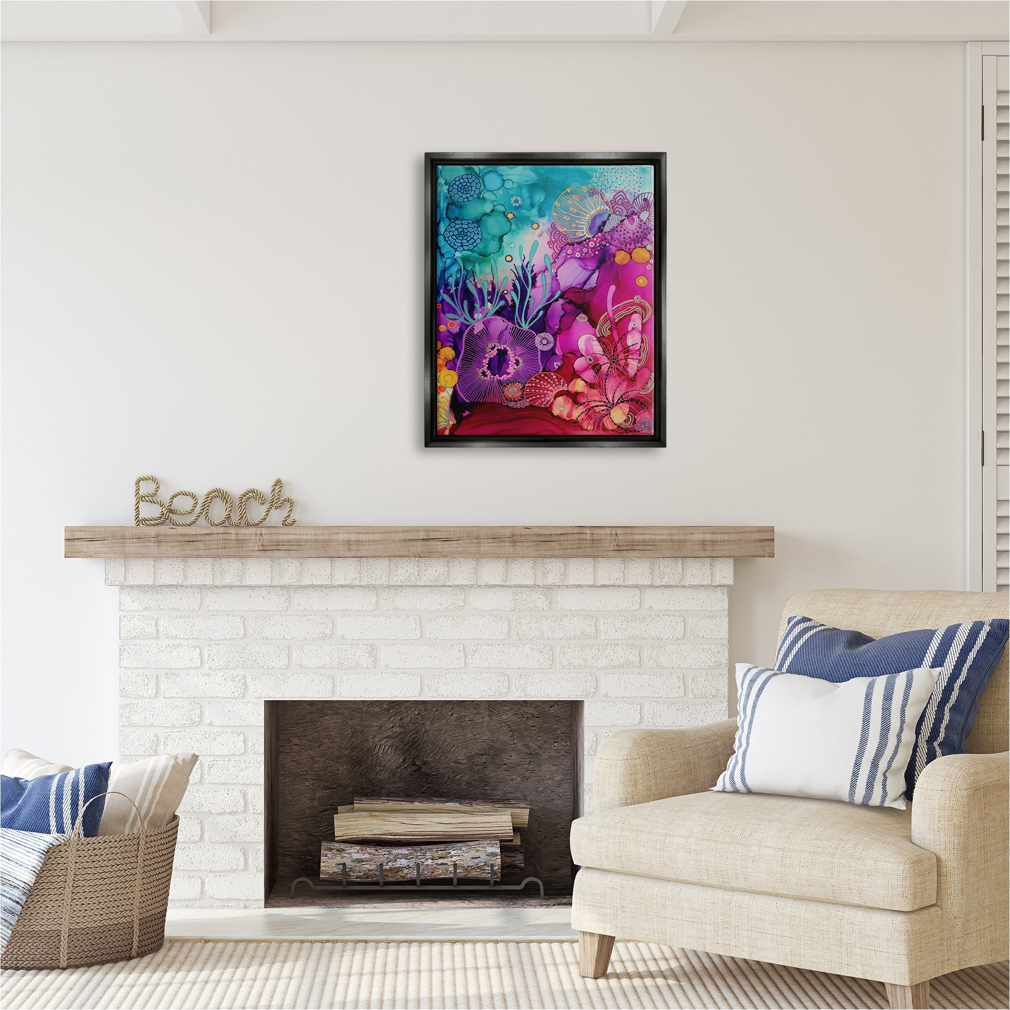 Stupell Industries Abstract Coral Pattern Abstract Painting Black Floater Framed Canvas Art Print Wall Art, 25 x 31