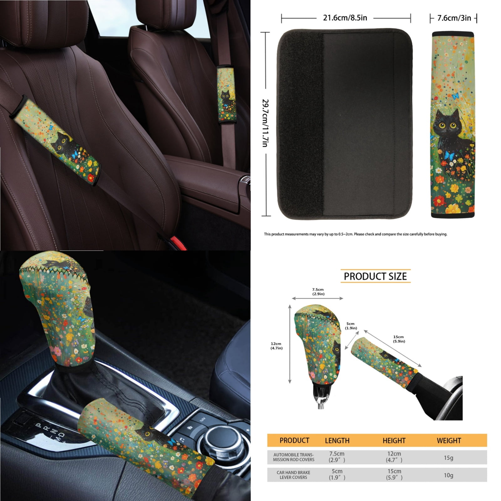 Jeiento Black Cat Car Seat Cover Set with Steering Wheel Cover Seat Belt Covers Waste Bin Center Console Pad Rear View Mirror Cover Floral Handbrake Cover Set Coasters Auto Accessories Set of 14