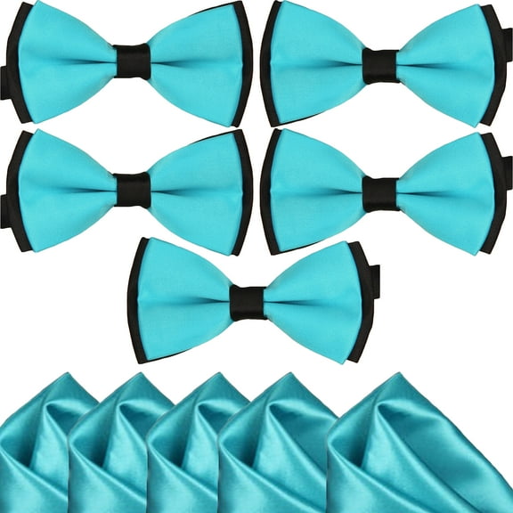 Mens Blue and Black Pre-Tied Wedding Bow Ties and Pocket Square Sets