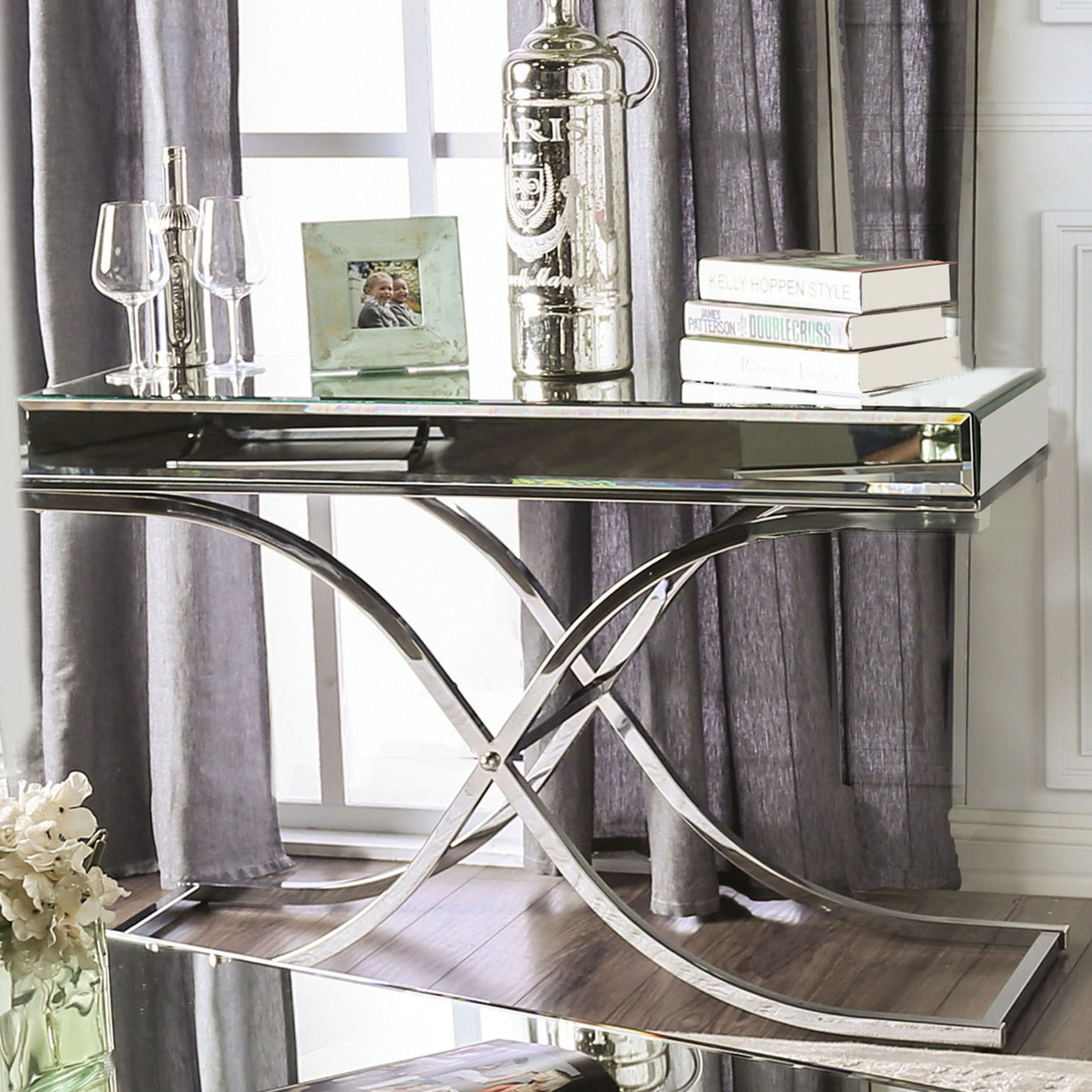 Furniture of America Monna Metal X-Cross Leg Console Table, Chrome