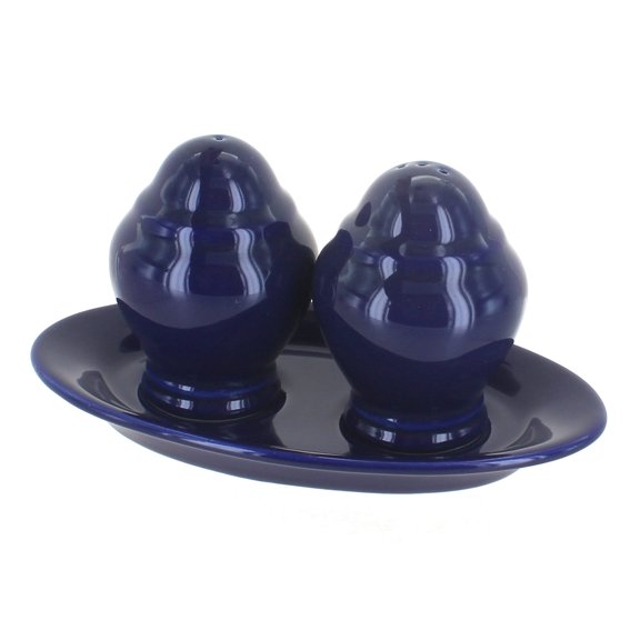 Blue Rose Polish Pottery Cobalt Salt & Pepper Shakers with Plate