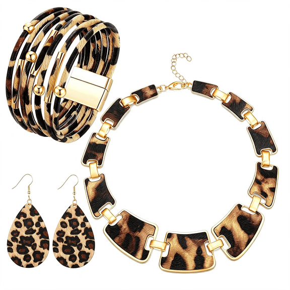 DESIGNICE 3 Pieces Leopard Jewelry Set Leopard Necklace Earrings Bracelets Cheetah Print Safari Costume Multilayer Leather Cuff Bracelet Bohemia Wrist Cuff Wrap Gift Accessories for Women