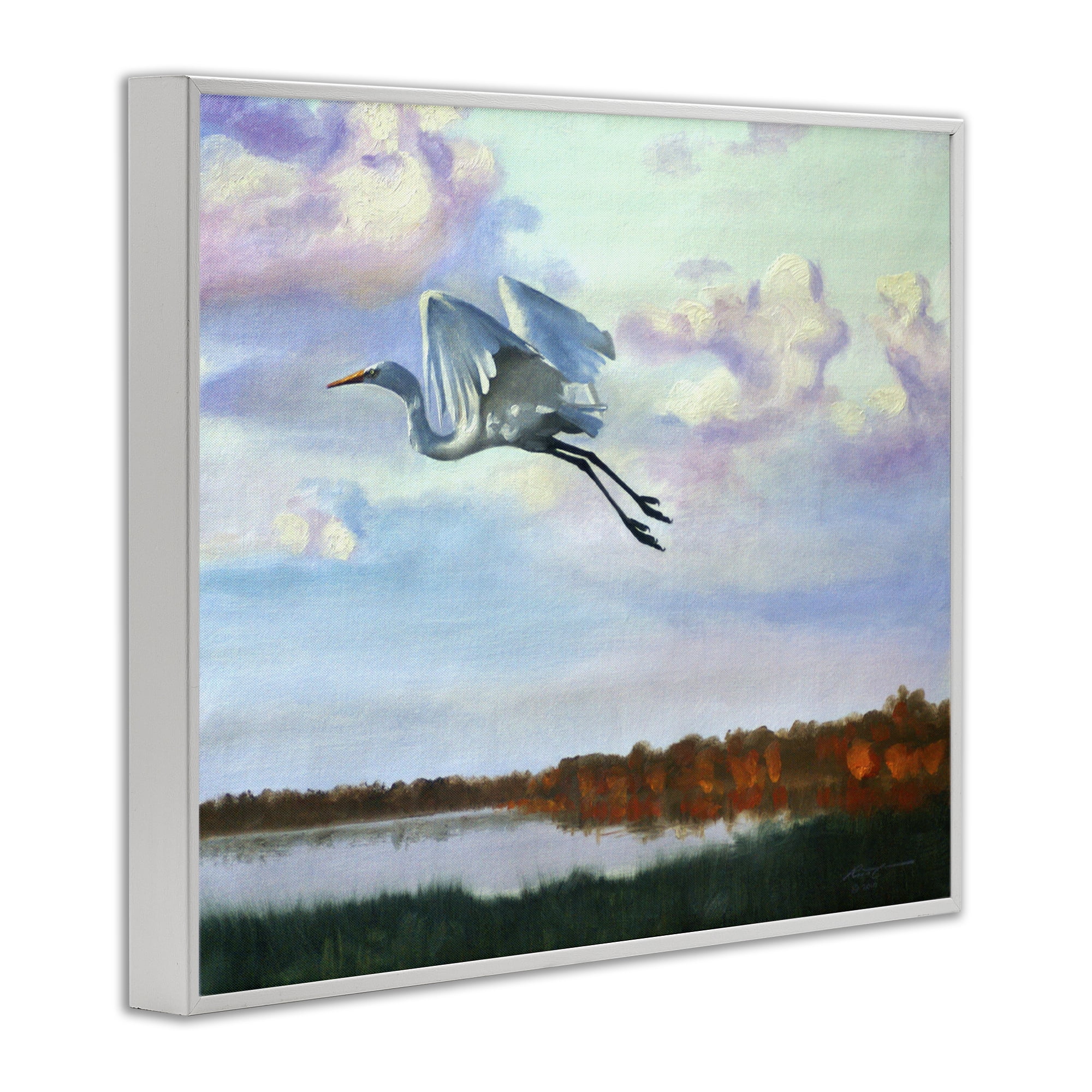 Stupell Industries Egret Over Lake Shore Landscape Painting White Framed Art Print Wall Art, 20 x 16