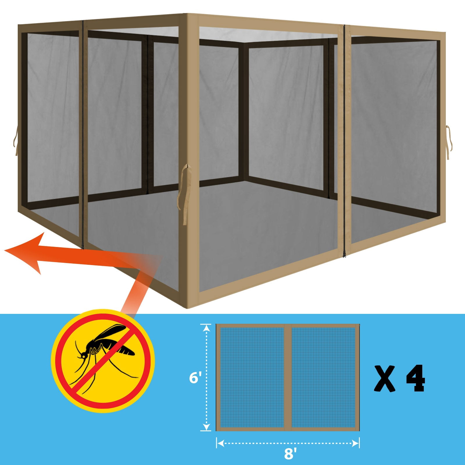 ALUVIERA Canopy Replacement Sidewalls Mosquito Netting Screen Walls for Gazebo Size 8x8 FT, 4 Pack,(8'Wx6'H,Tan)