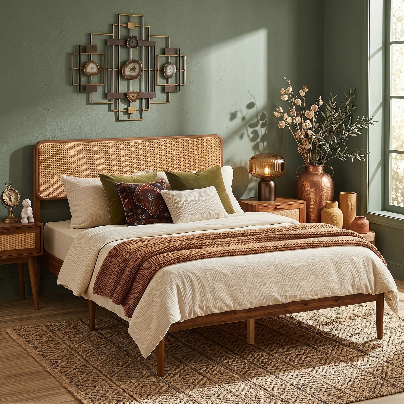 Furnibear Full Size Bed Frame with Storage, Boho Rattan Wood Platform Bed Frame with Acacia Slat Support, No Box Spring, Brown