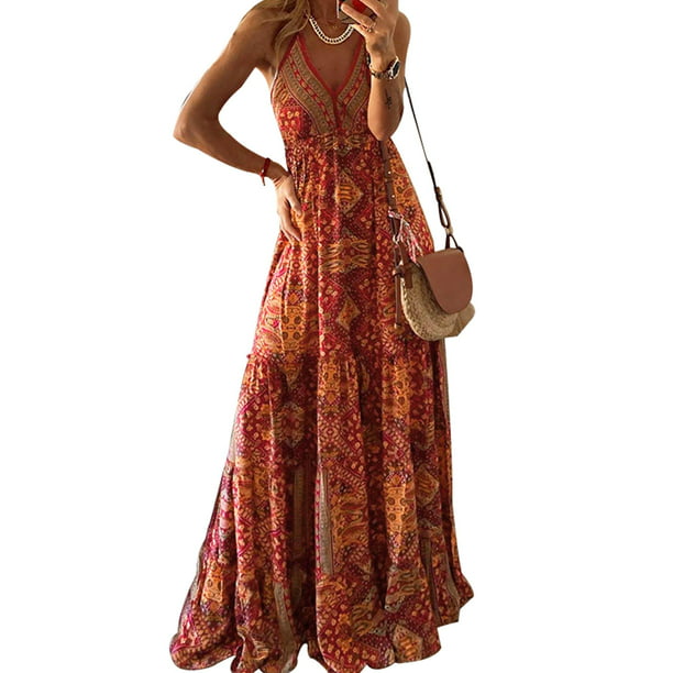 SpringTTC Women's Casual Bohemian Long Dress Sleeveless Floral Maxi Dress -  Walmart.com